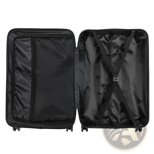 Black hard shell suitcase with four wheels and modern design from 3-in-1 lightweight orange abs trolley set