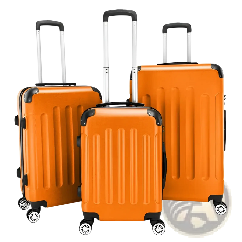 Set of three bright orange lightweight abs hard shell trolley suitcases with black trim and silver telescoping handles