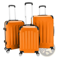 Set of three bright orange lightweight abs hard shell trolley suitcases with black trim and silver telescoping handles