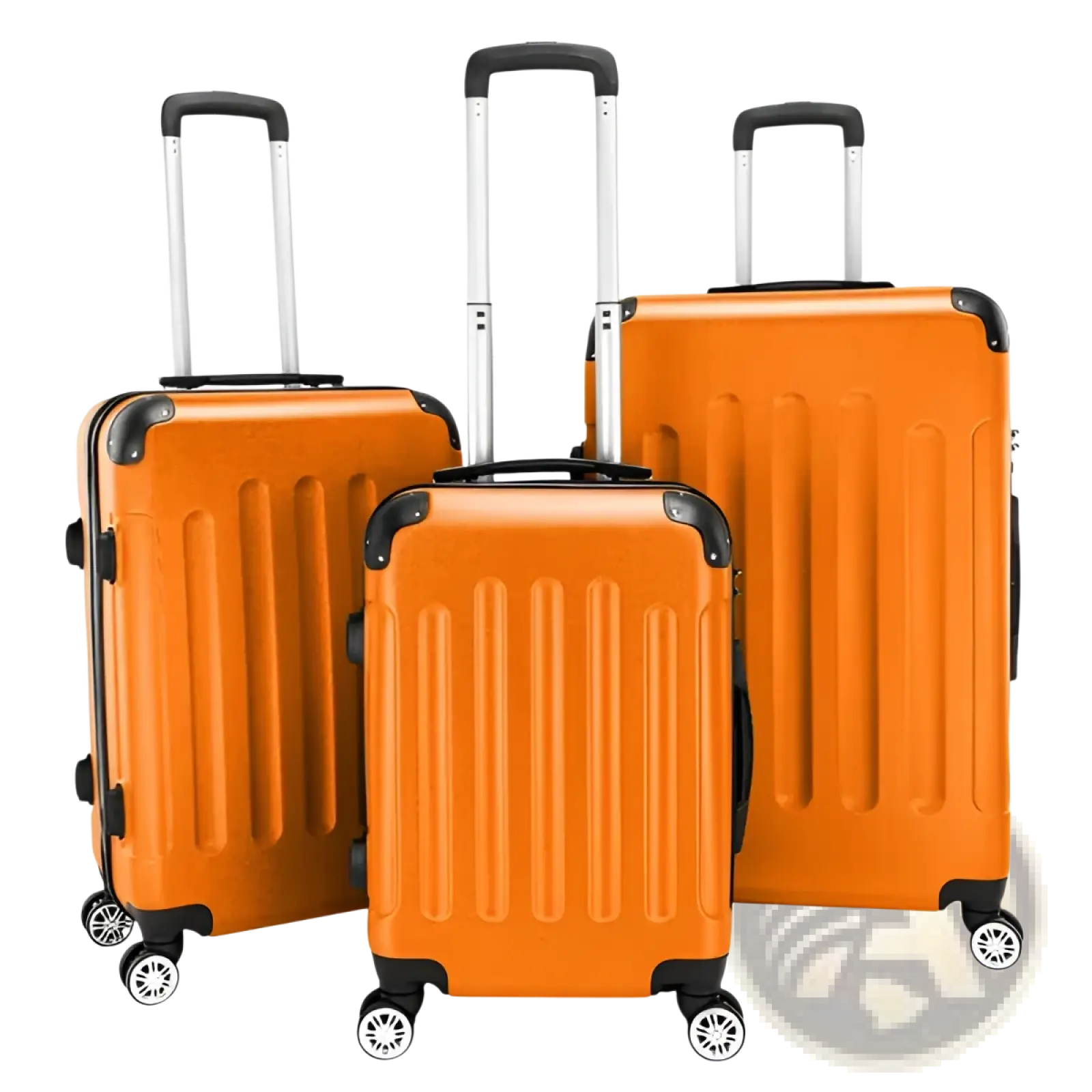 Set of three bright orange lightweight abs hard shell trolley suitcases with black trim and silver telescoping handles