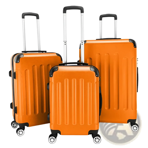 Set of three bright orange lightweight abs hard shell trolley suitcases with black trim and silver telescoping handles