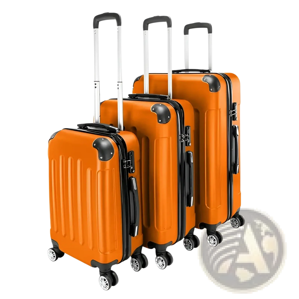 Set of three vibrant orange lightweight abs hard shell trolley suitcases with black accents and silver spinner wheels