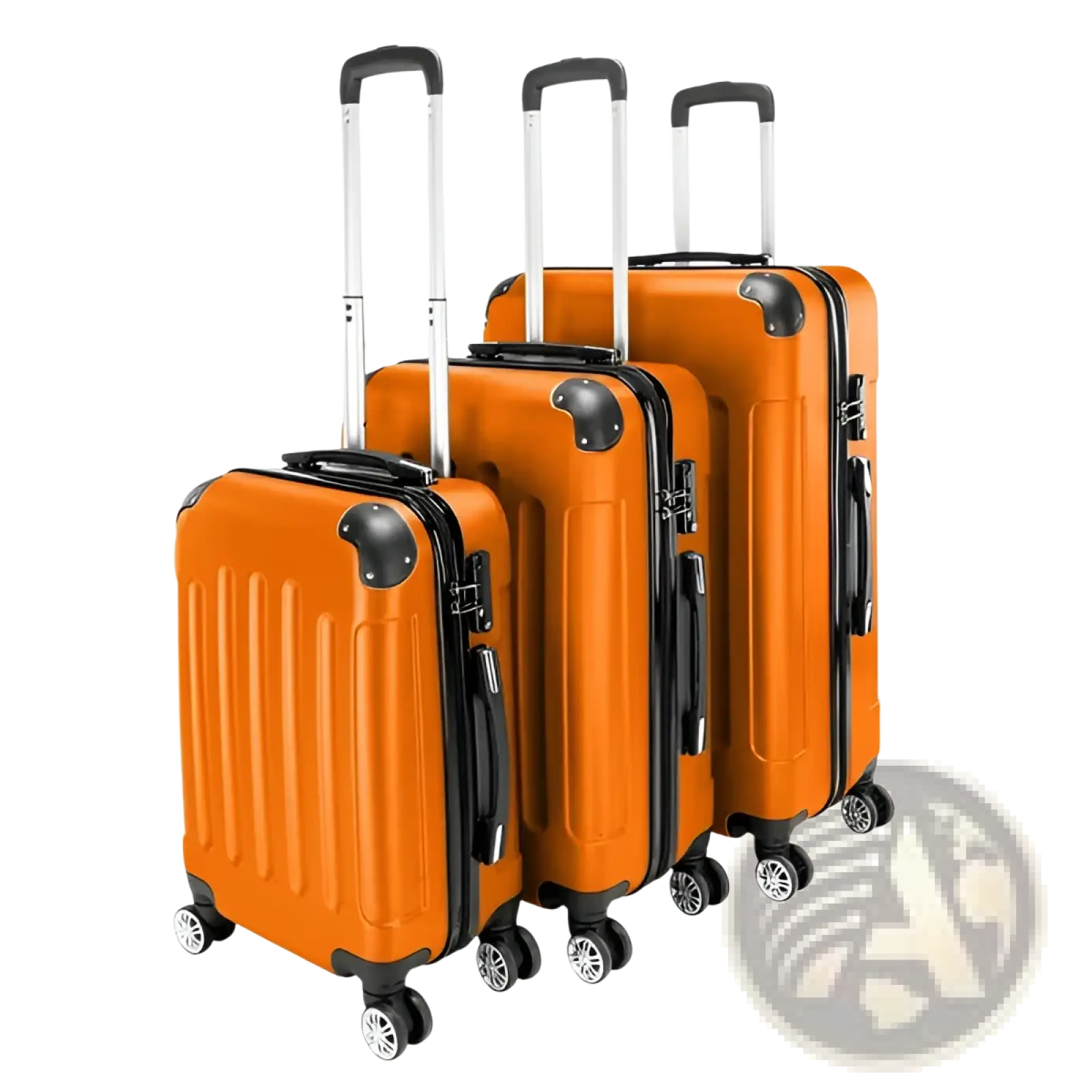 Set of three vibrant orange lightweight abs hard shell trolley suitcases with black accents and silver spinner wheels