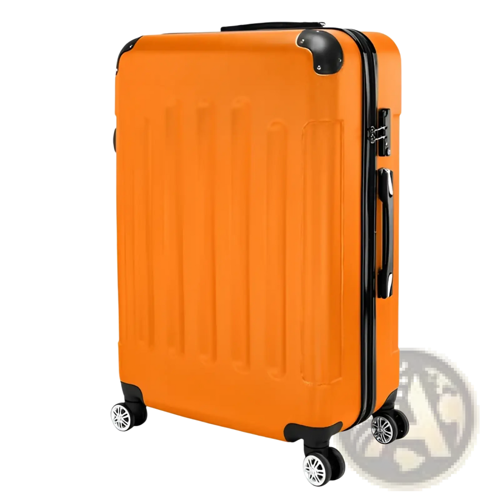 Bright orange hard-shell trolley suitcase with black trim wheels and handle in a 3-in-1 lightweight abs set