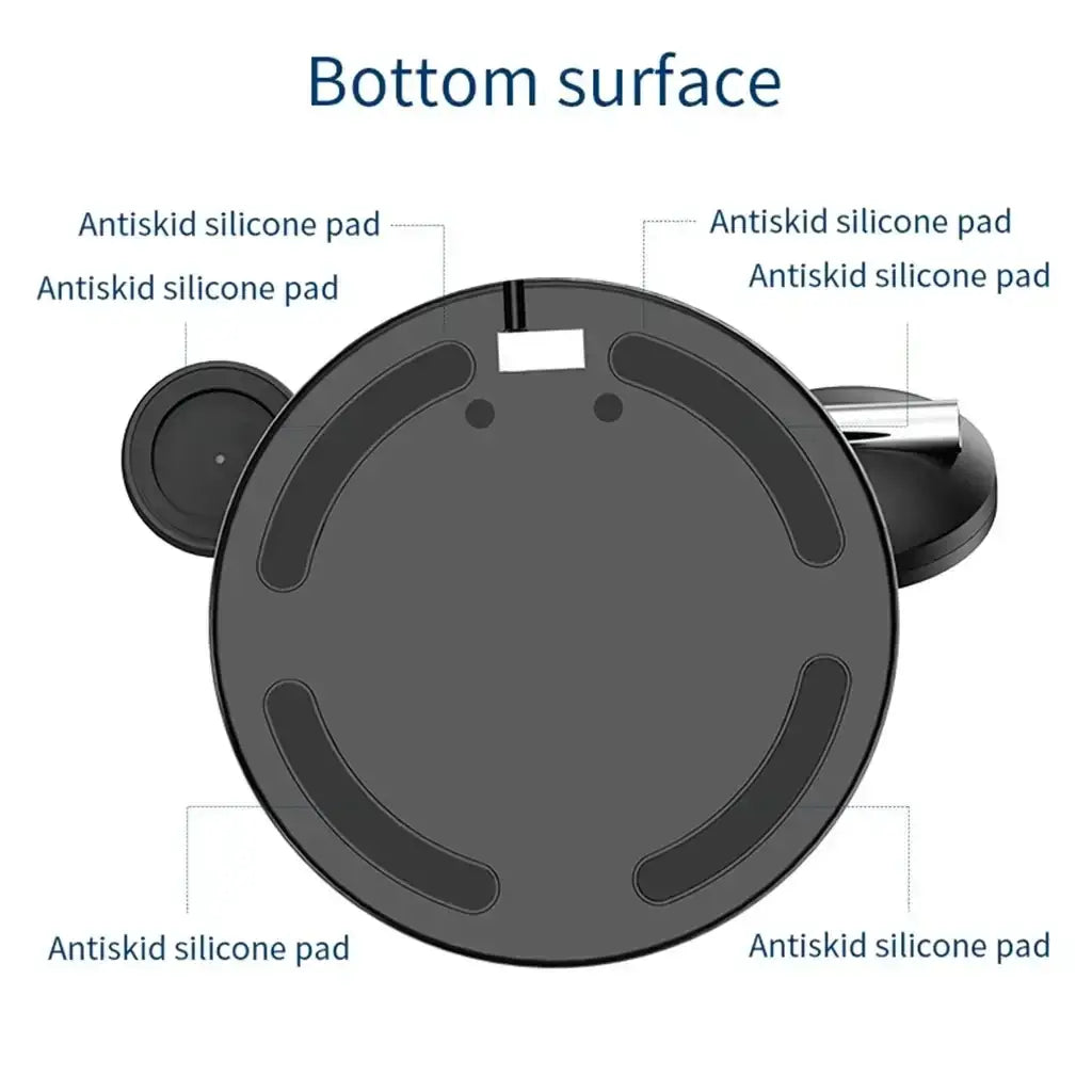 Black 3-in-1 magnetic wireless charger with six antiskid silicone pads and 15w output power on bottom surface