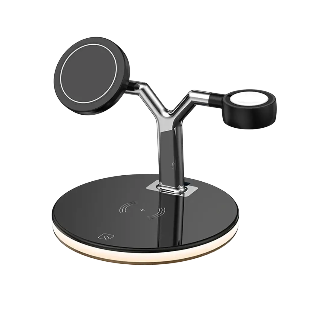 Black and silver 3-in-1 magnetic wireless charger with two circular pads and 15w output power for multiple devices