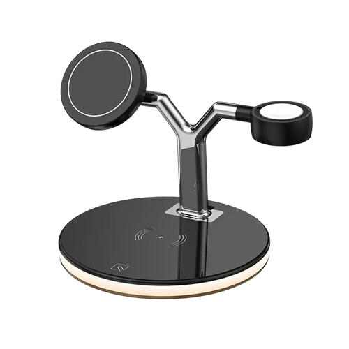 Black and silver 3-in-1 magnetic wireless charger with two circular pads and 15w output power for multiple devices