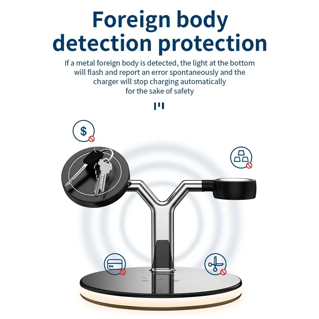 Black and silver y-shaped 3-in-1 magnetic wireless charger with 15w output power and built-in foreign body detection