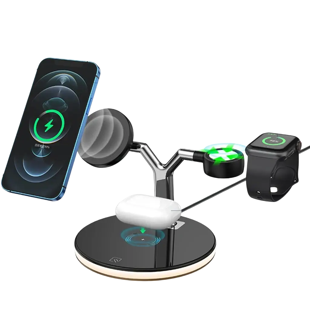 Black three-in-one magnetic wireless charger stand with 15w output power for phone apple watch and AirPods charging