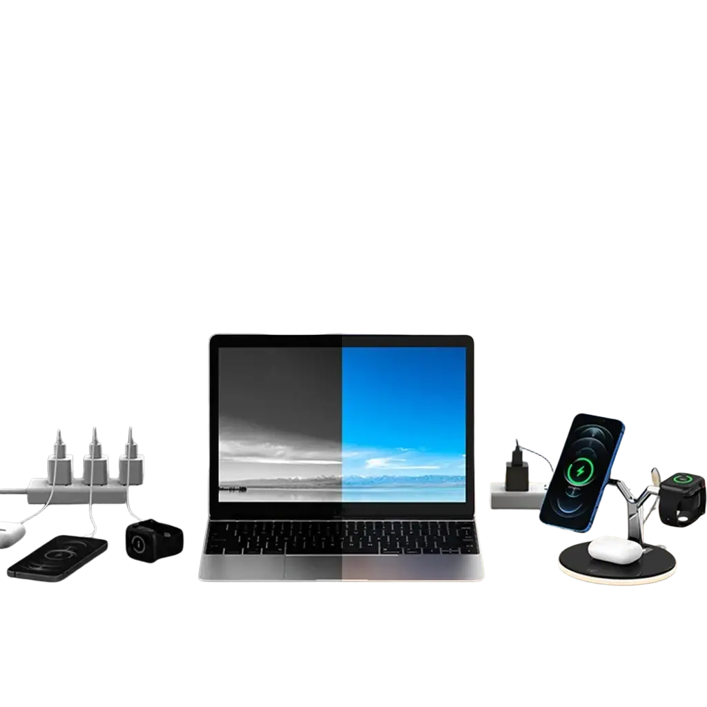 Silver 3-in-1 magnetic wireless charger stand with adjustable arms holding smartphone and smartwatch with 15w output power