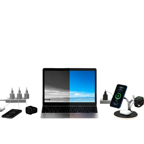 Silver 3-in-1 magnetic wireless charger stand with adjustable arms holding smartphone and smartwatch with 15w output power