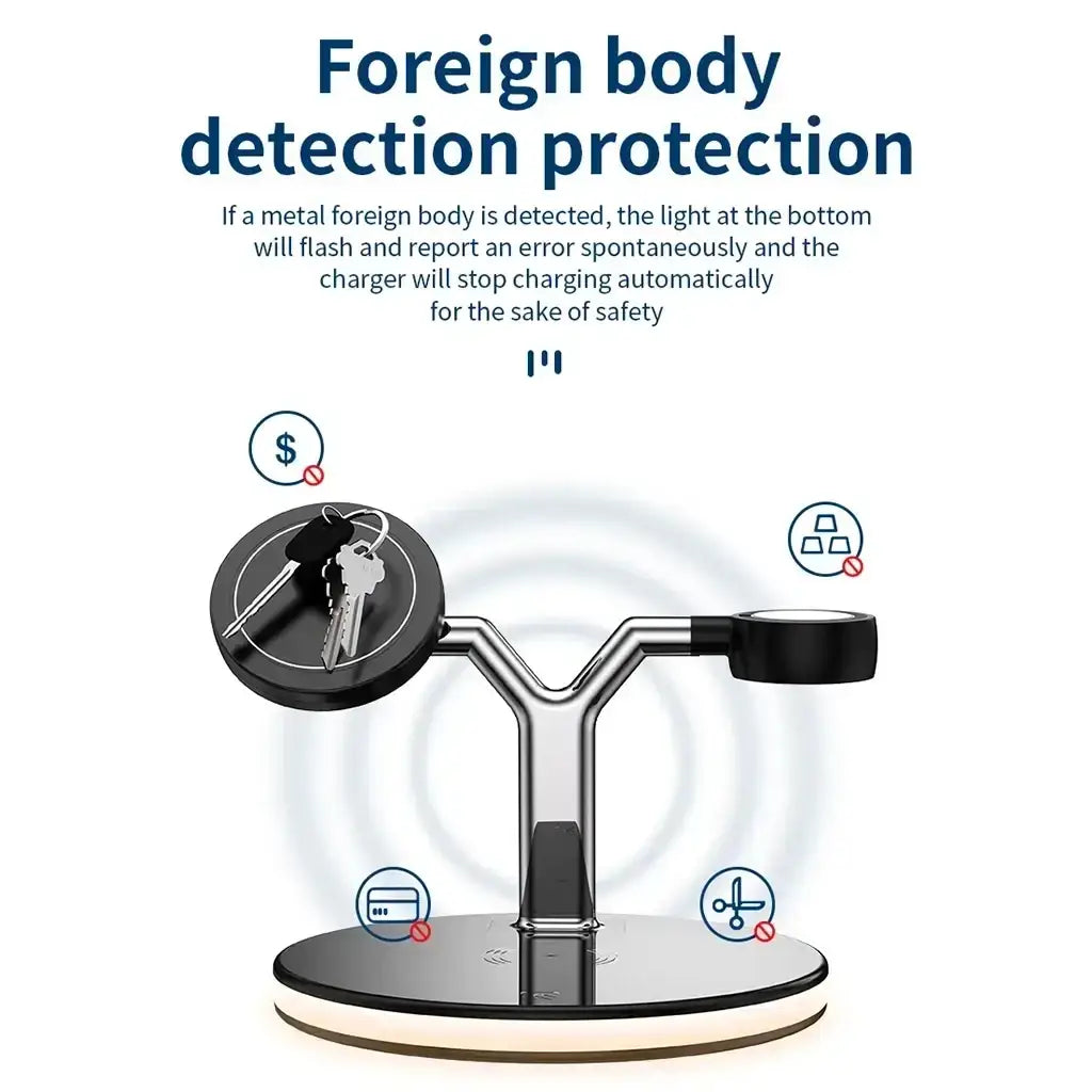 Silver y-shaped 3-in-1 magnetic wireless charger with black slots and foreign body detection 15w output power