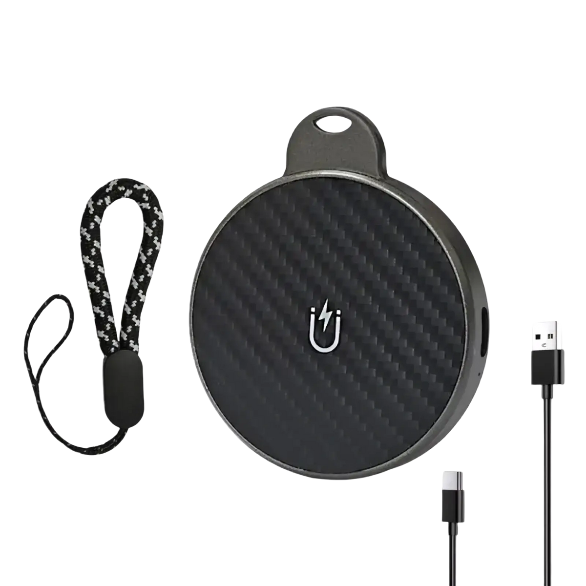 Black carbon fiber textured circular portable charger with silver lightning bolt logo and keyring loop for 3 in 1 magnetic wireless charging station