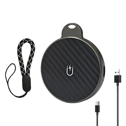 Black carbon fiber textured circular portable charger with silver lightning bolt logo and keyring loop for 3 in 1 magnetic wireless charging station