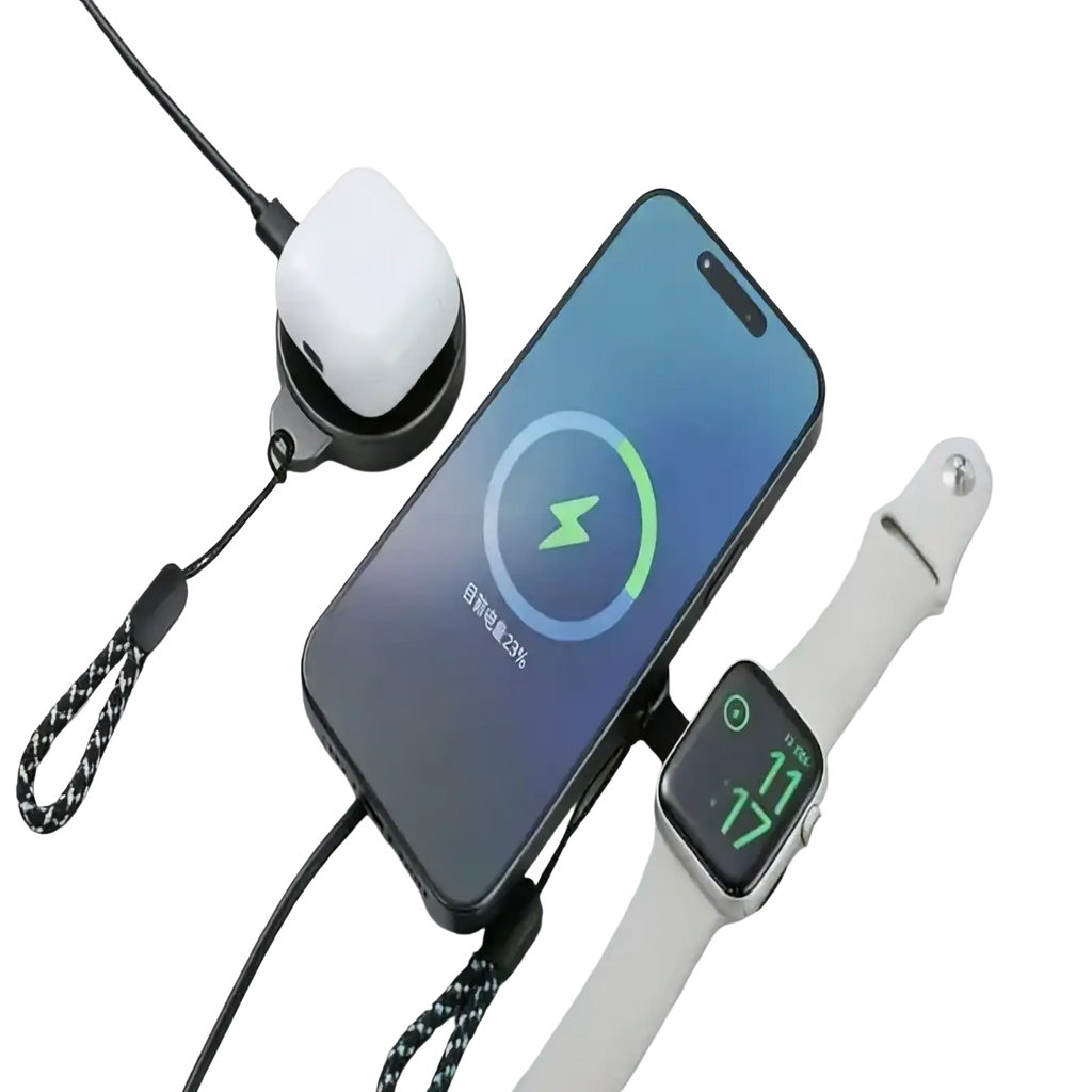 Black 3 in 1 magnetic wireless charging station with braided cords and circular base holding iphone apple watch and airpods case