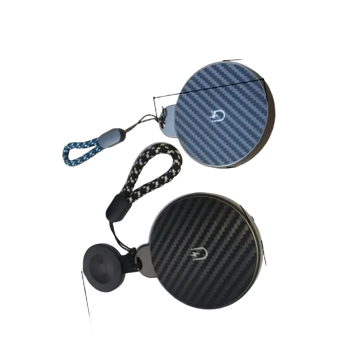 Blue and black carbon fiber textured circular wireless chargers with lanyards for 3 in 1 magnetic charging station