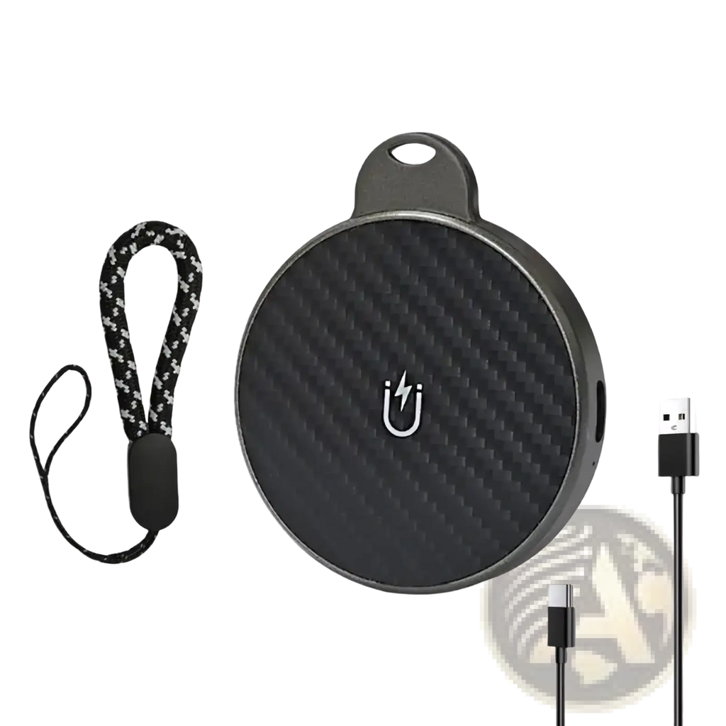 Black carbon fiber textured circular portable charger with silver lightning bolt logo and keyring loop for 3 in 1 magnetic wireless charging station