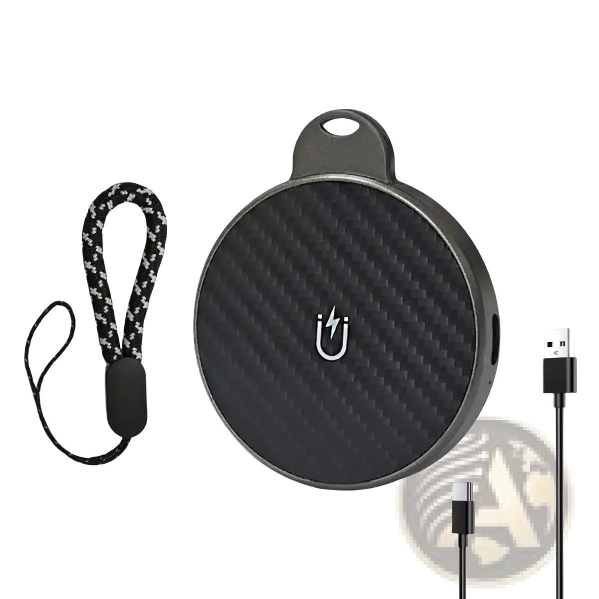 Black carbon fiber textured circular portable charger with silver lightning bolt logo and keyring loop for 3 in 1 magnetic wireless charging station