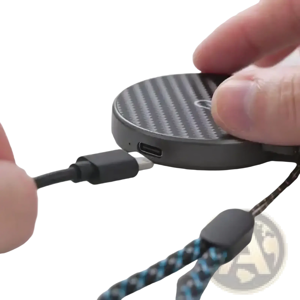 Black circular 3 in 1 magnetic wireless charging station with carbon fiber texture and braided blue black strap