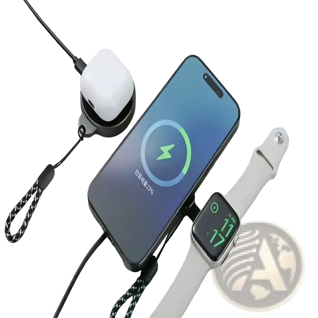 Black 3 in 1 magnetic wireless charging station with braided cords and circular base holding iphone apple watch and airpods case