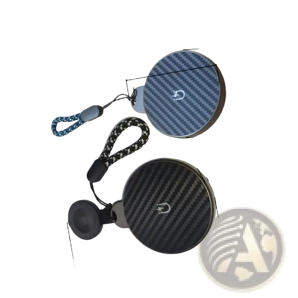 Blue and black carbon fiber textured circular wireless chargers with lanyards for 3 in 1 magnetic charging station