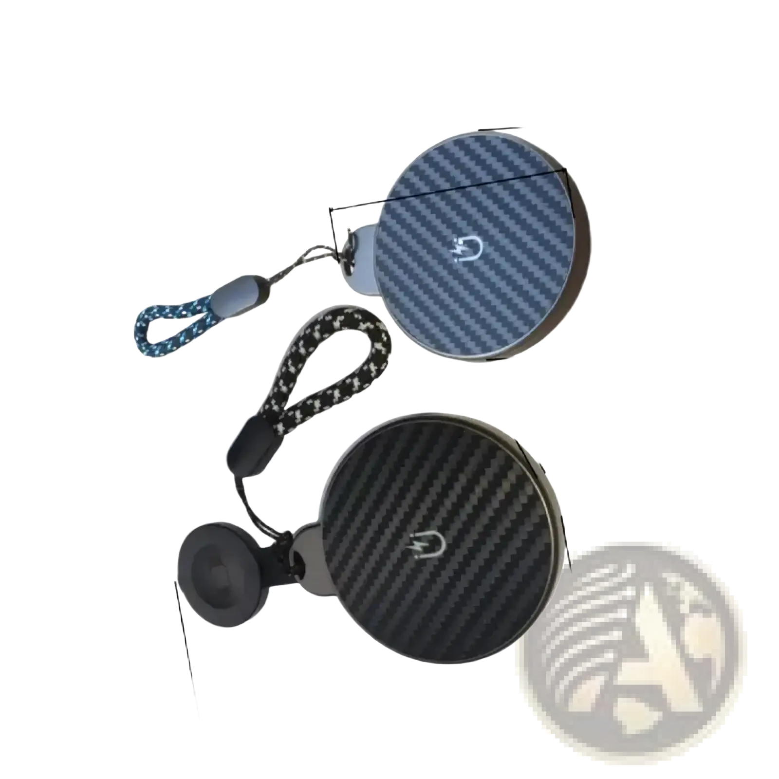 Blue and black carbon fiber textured circular wireless chargers with lanyards for 3 in 1 magnetic charging station