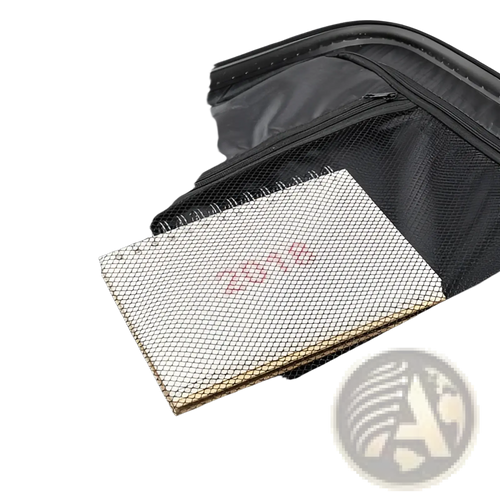 A white spiral-bound notebook with mesh cover and red love print included in the 3-in-1 pink hard shell suitcase set