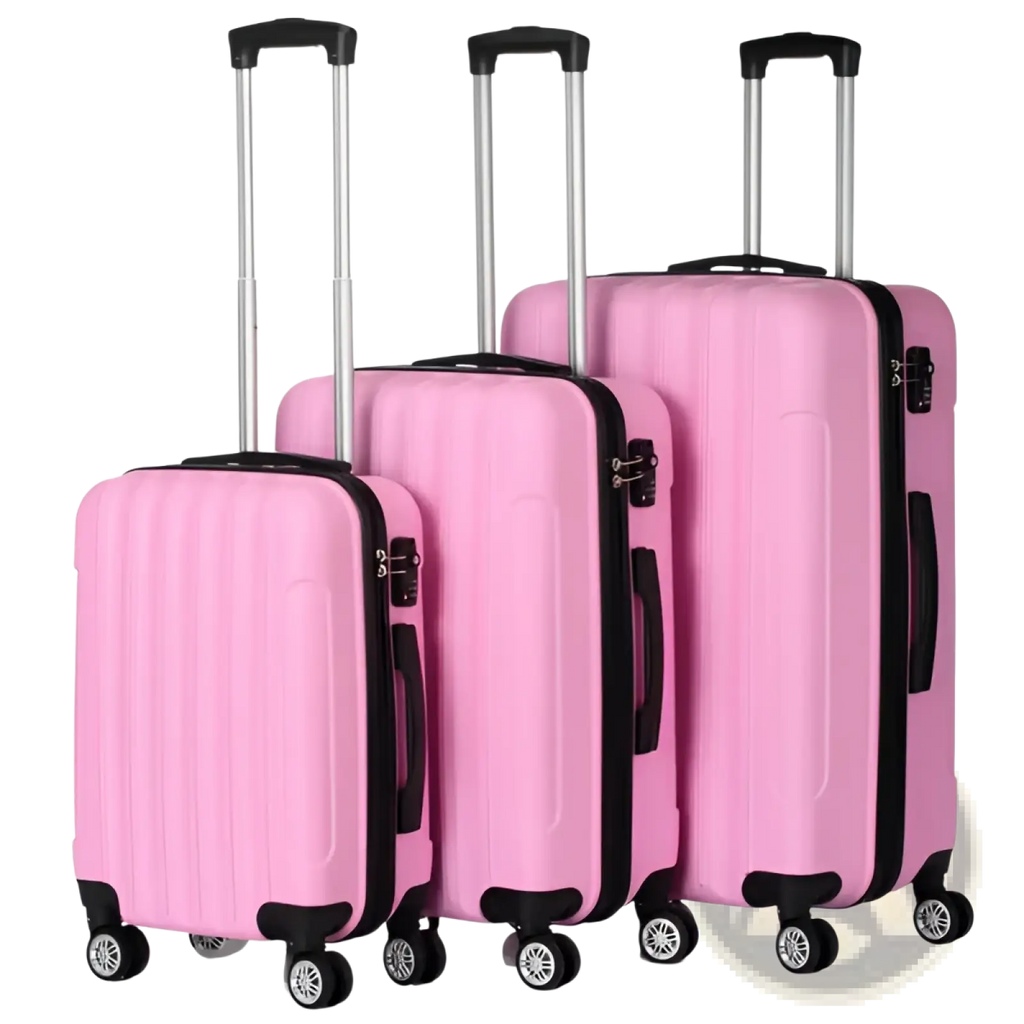 Set of three pink hard shell suitcases with black trim and wheels in a 3-in-1 large capacity suitcase set