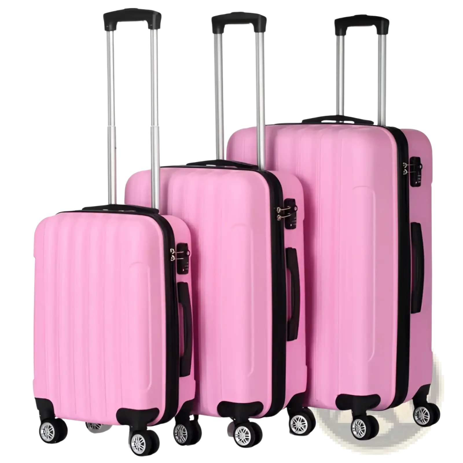 Set of three pink hard shell suitcases with black trim and wheels in a 3-in-1 large capacity suitcase set