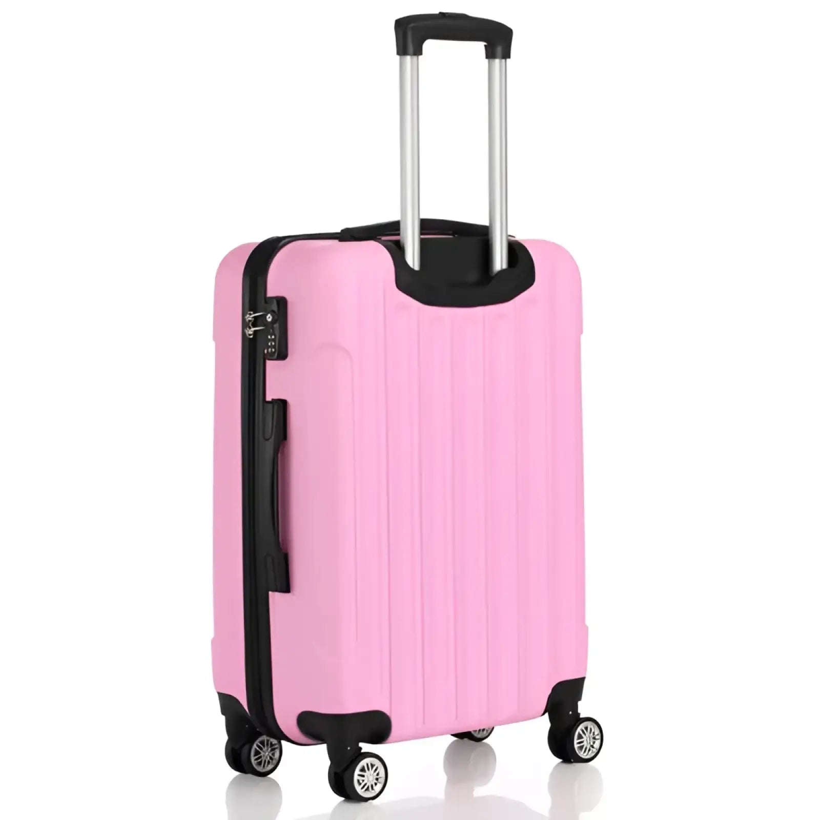 Pink hard-shell large capacity suitcase with black trim handle and wheels from 3-in-1 suitcase set shown from back side
