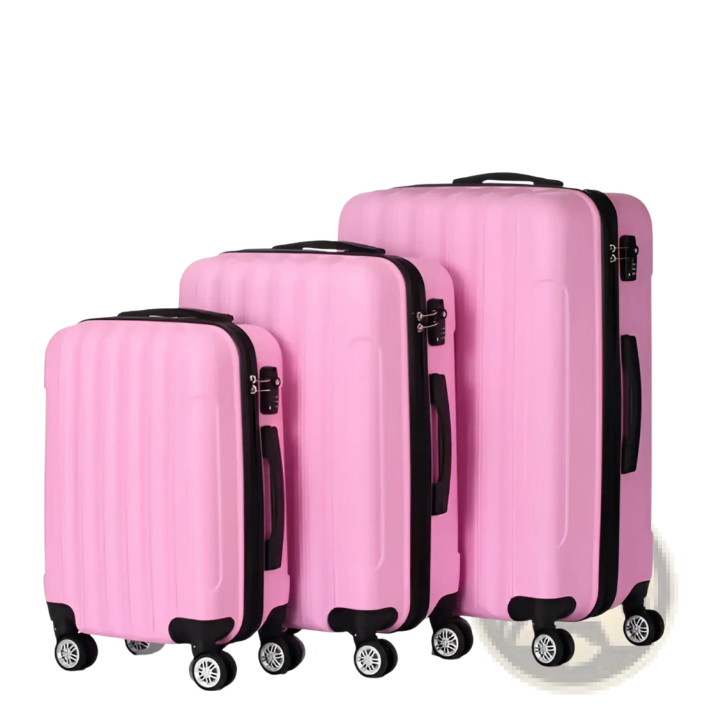 Set of three pink hard shell suitcases with black trim and wheels large capacity 3-in-1 suitcase set