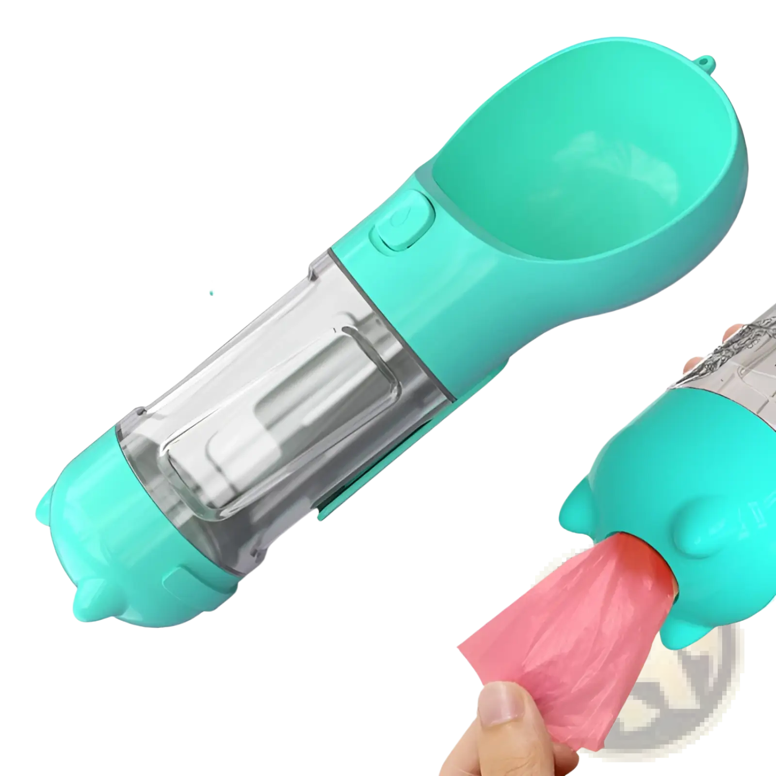 Teal plastic 3-in-1 portable dog water bottle with clear reservoir and poop bag dispenser for outdoor use