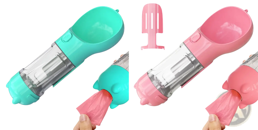3-in-1 portable dog water bottles in teal and pink with clear plastic body and handle for easy carrying and dispensing