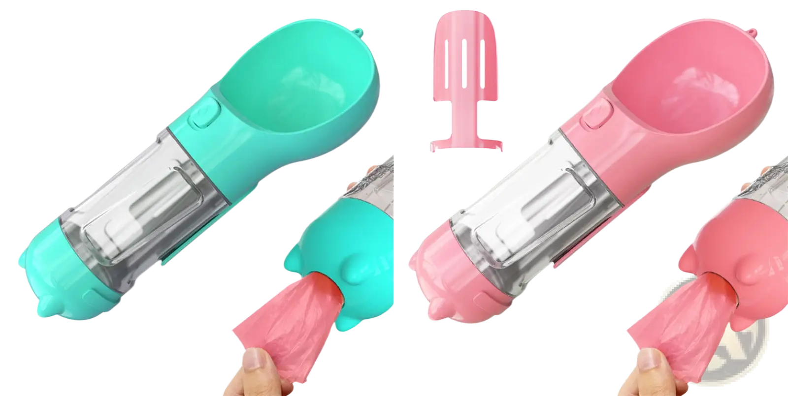 3-in-1 portable dog water bottles in teal and pink with clear plastic body and handle for easy carrying and dispensing