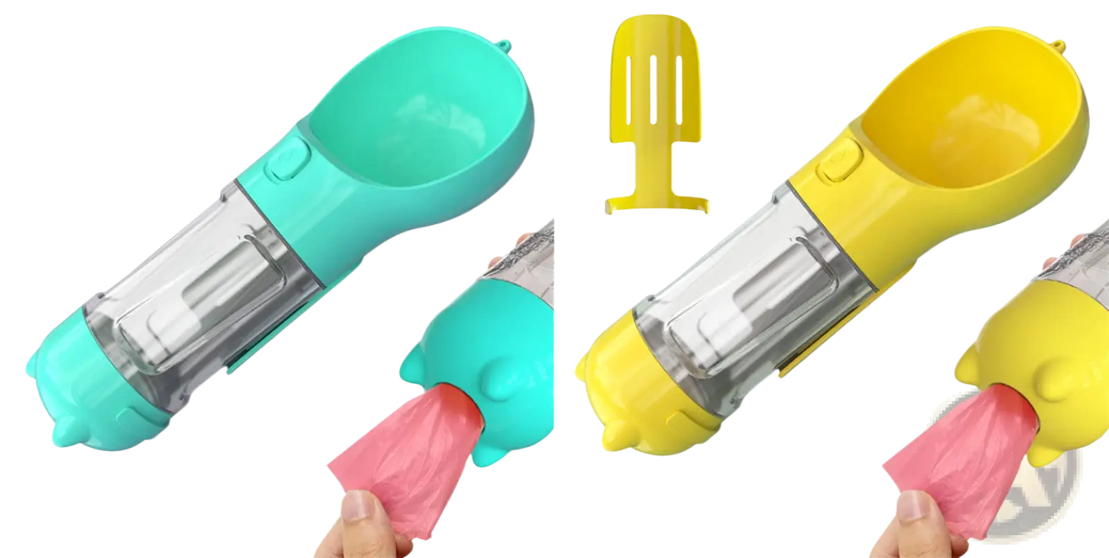 Teal and yellow 3-in-1 portable dog water bottle with clear plastic body and spout dispensing liquid into pink bags