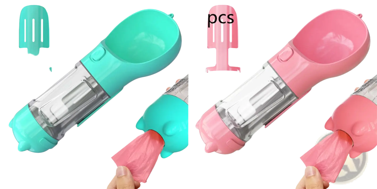 The 3-in-1 portable dog water bottle features teal and pink silicone spouts with clear plastic bodies and handles