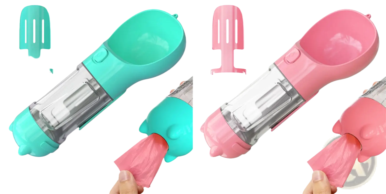 Teal and pink 3-in-1 portable dog water bottle with clear reservoir spout and carrying clip for easy outdoor use