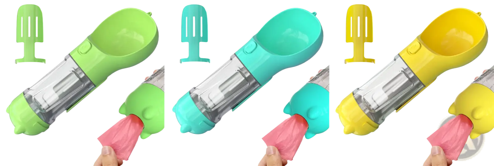 3-in-1 portable dog water bottle with food and bag dispenser in green teal and yellow with clear plastic body and silicone spout
