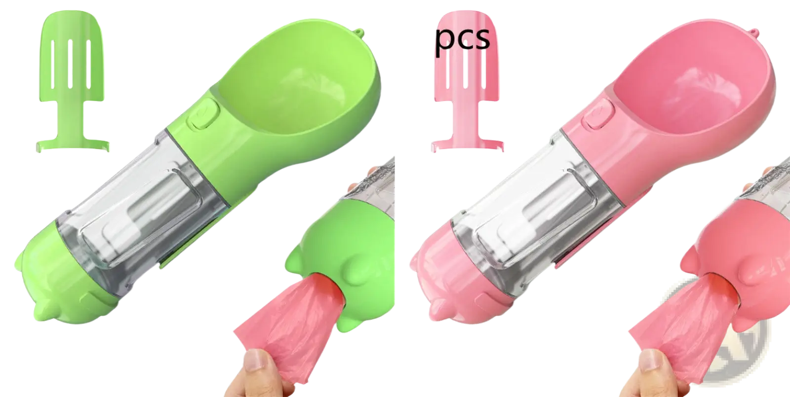 3-in-1 portable dog water bottle with green and pink silicone spouts and clear plastic bodies for water and food dispensing