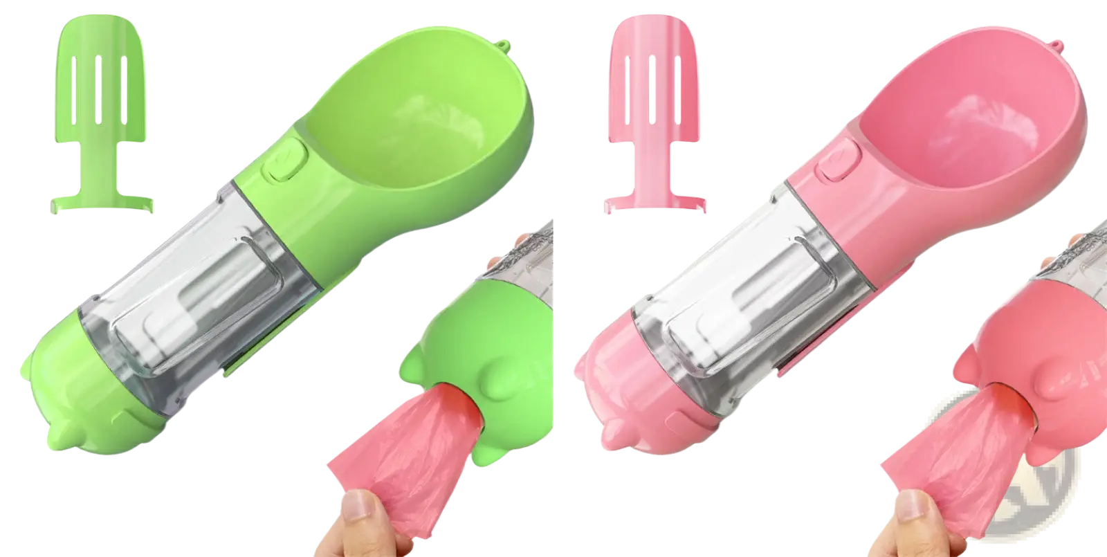 3-in-1 portable dog water bottles in green and pink with transparent midsections and spouts for easy drinking