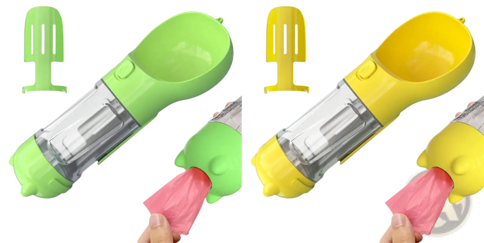 3-in-1 portable dog water bottles with green and yellow clear plastic bodies and spouts for dispensing liquid