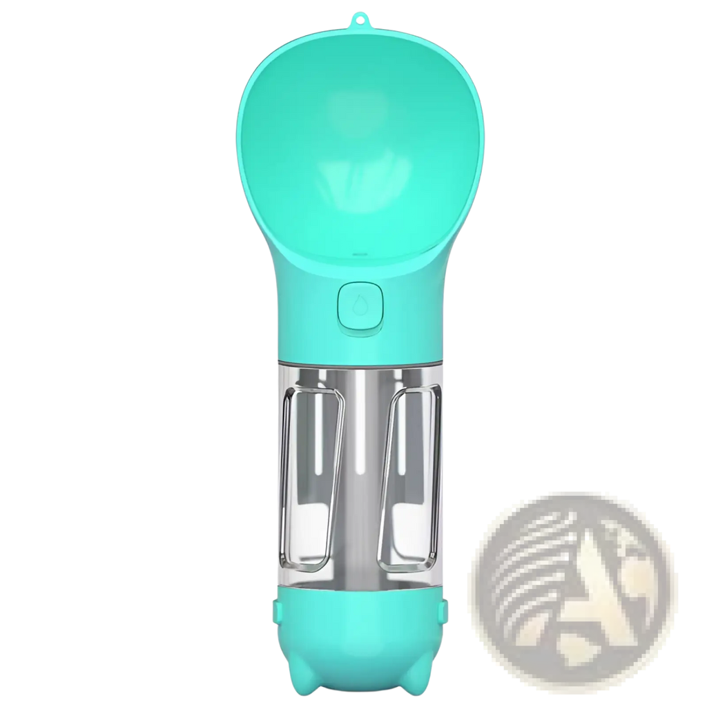 Turquoise plastic and stainless steel 3-in-1 portable dog water bottle with spout for easy drinking and dispensing