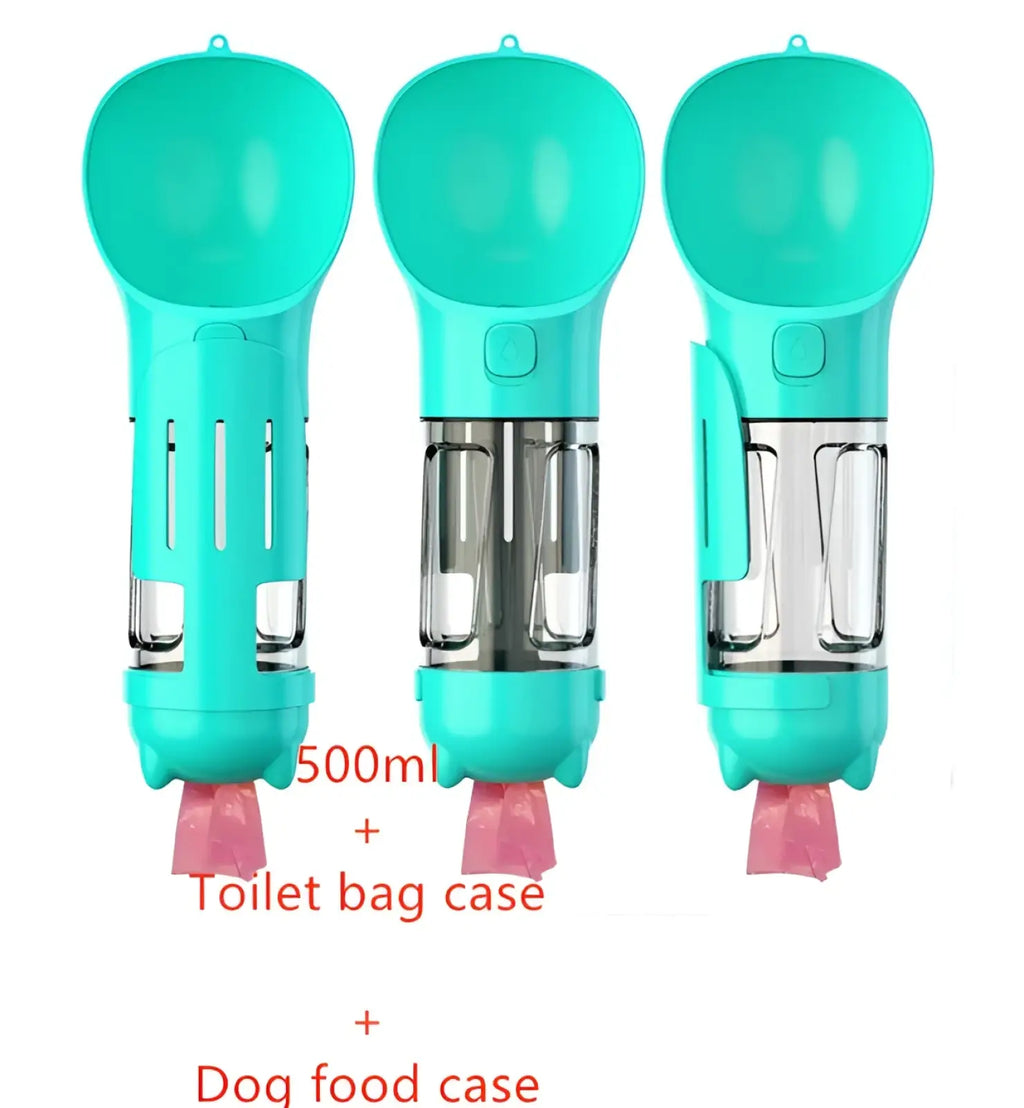 Turquoise 3-in-1 portable dog water bottle with built-in scoop transparent reservoirs and attached pink toilet bag case