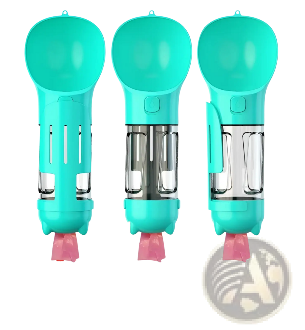 Turquoise 3-in-1 portable dog water bottle with built-in spoon transparent reservoir and pink bag dispenser case attached