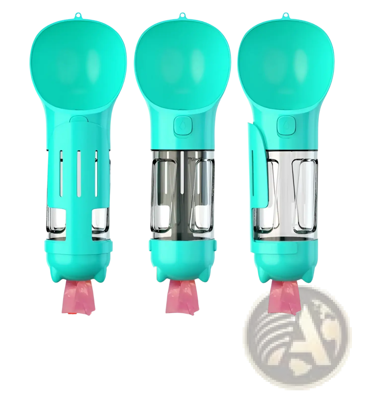 Turquoise 3-in-1 portable dog water bottle with built-in spoon transparent reservoir and pink bag dispenser case attached