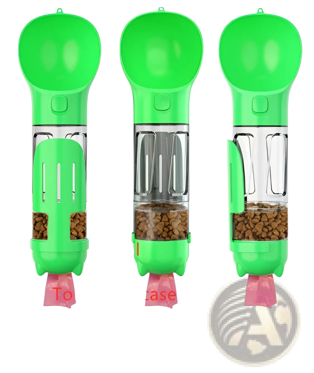 Bright green 3-in-1 portable dog water bottle with transparent food storage and attached toilet bag case