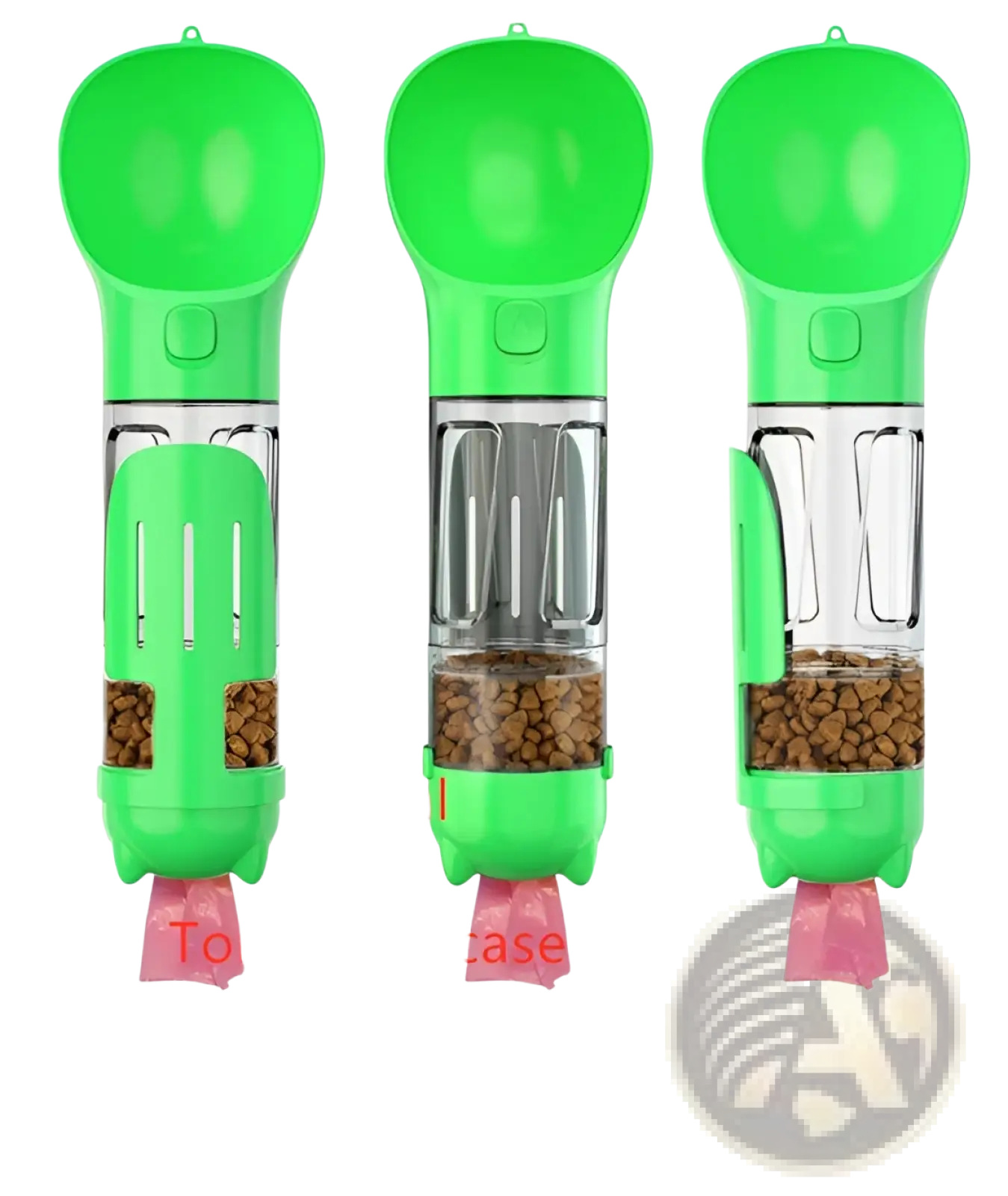 Bright green 3-in-1 portable dog water bottle with transparent food storage and attached toilet bag case