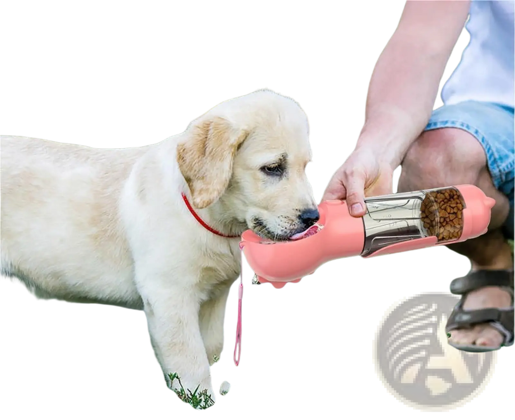 Pink and silver 3-in-1 portable dog water bottle with transparent section showing kibble inside for feeding and hydration