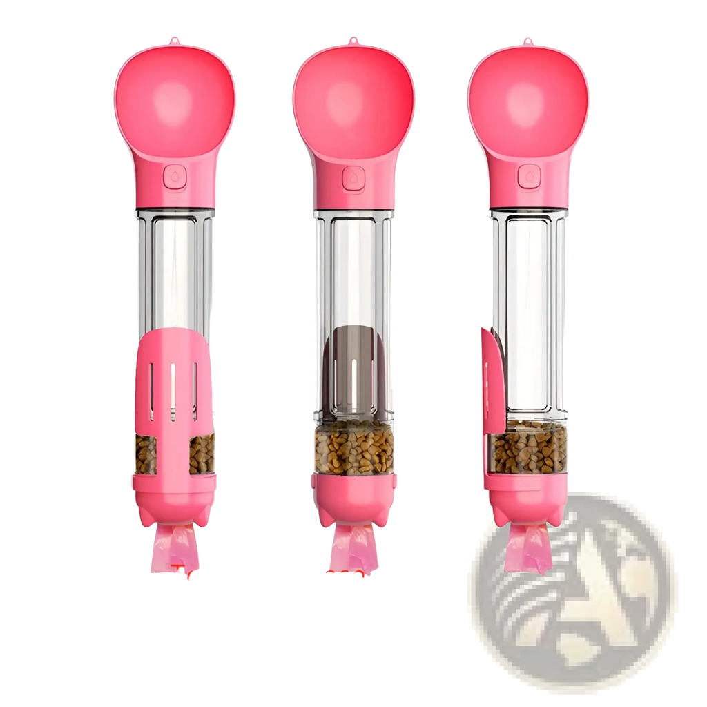 Pink 3-in-1 portable dog water bottle with transparent body 300ml capacity built-in food and toilet bag dispenser