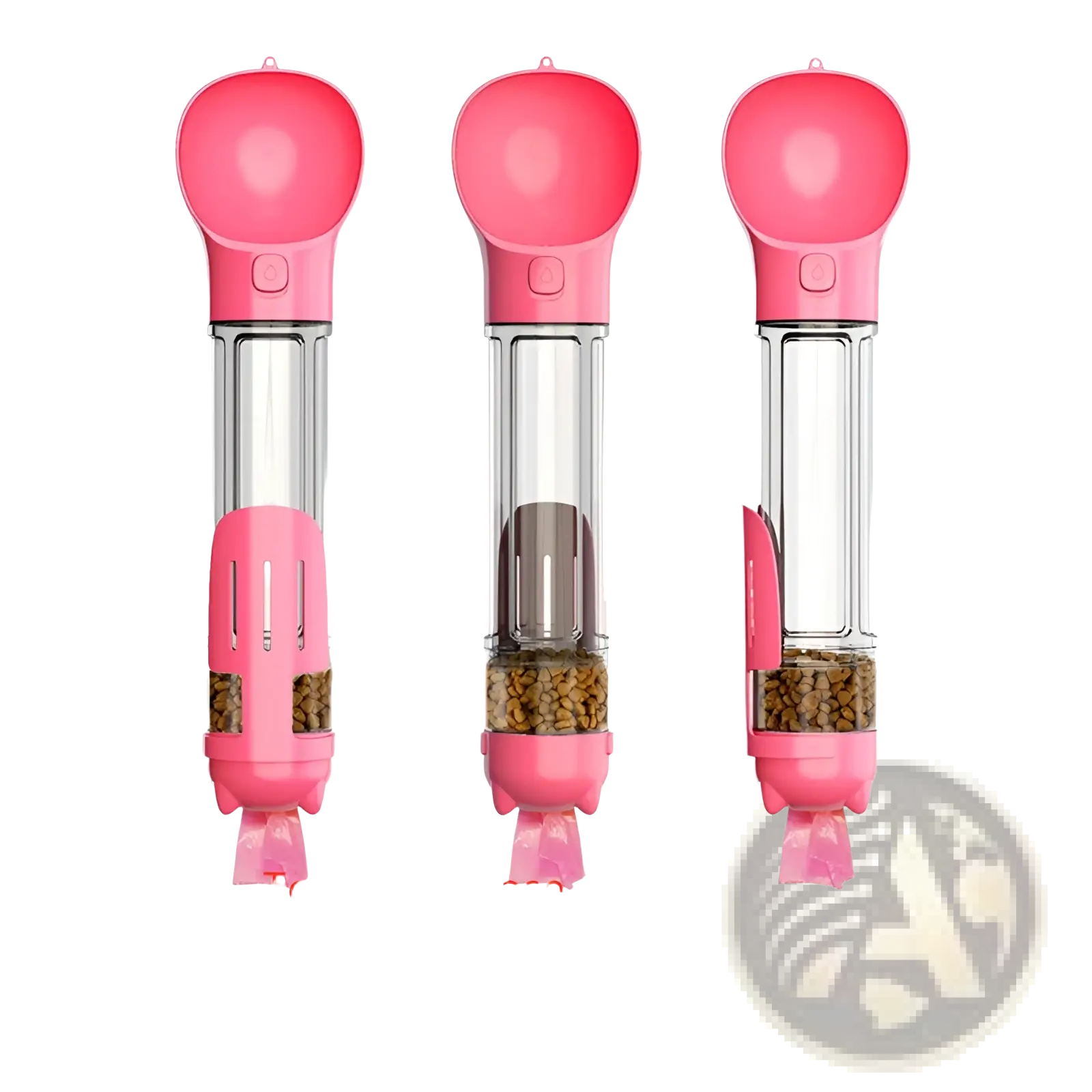 Pink 3-in-1 portable dog water bottle with transparent body 300ml capacity built-in food and toilet bag dispenser